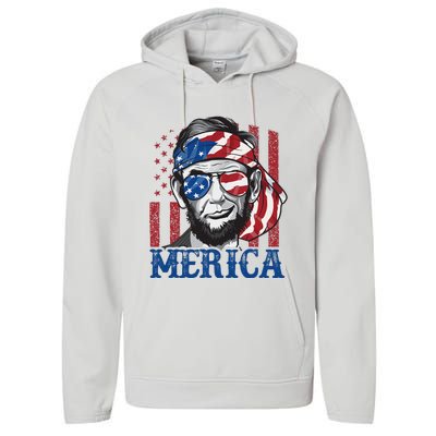 Merica Abraham Lincoln 4th Of July American Flag Performance Fleece Hoodie