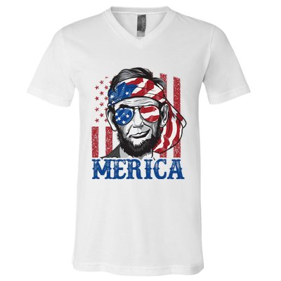 Merica Abraham Lincoln 4th Of July American Flag V-Neck T-Shirt