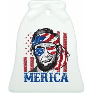 Merica Abraham Lincoln 4th Of July American Flag Ceramic Bell Ornament