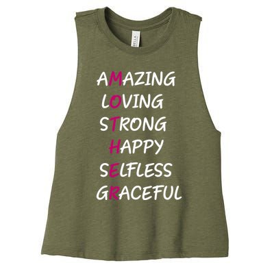 Mother Amazing Loving Strong Happy Selfless Graceful Mom Gift Women's Racerback Cropped Tank