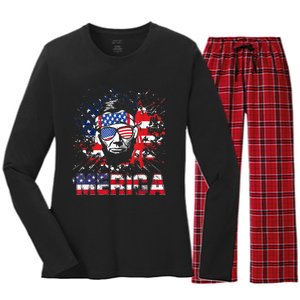 Merica Abe Lincoln 4th Of July Murica Patriotic Women's Long Sleeve Flannel Pajama Set 