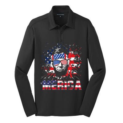 Merica Abe Lincoln 4th Of July Murica Patriotic Silk Touch Performance Long Sleeve Polo