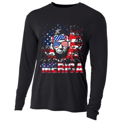 Merica Abe Lincoln 4th Of July Murica Patriotic Cooling Performance Long Sleeve Crew