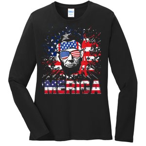 Merica Abe Lincoln 4th Of July Murica Patriotic Ladies Long Sleeve Shirt