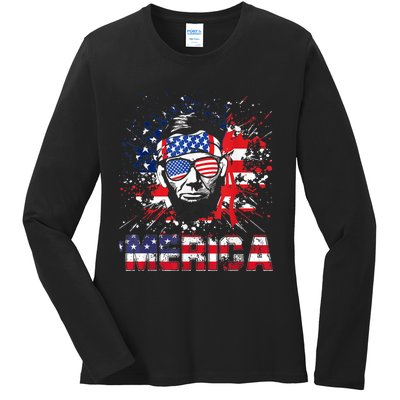 Merica Abe Lincoln 4th Of July Murica Patriotic Ladies Long Sleeve Shirt