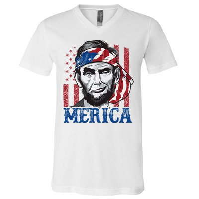 Merica Abraham Lincoln American Flag V-Neck T-Shirt