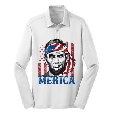 Merica Abraham Lincoln American Flag Silk Touch Performance Long Sleeve Polo