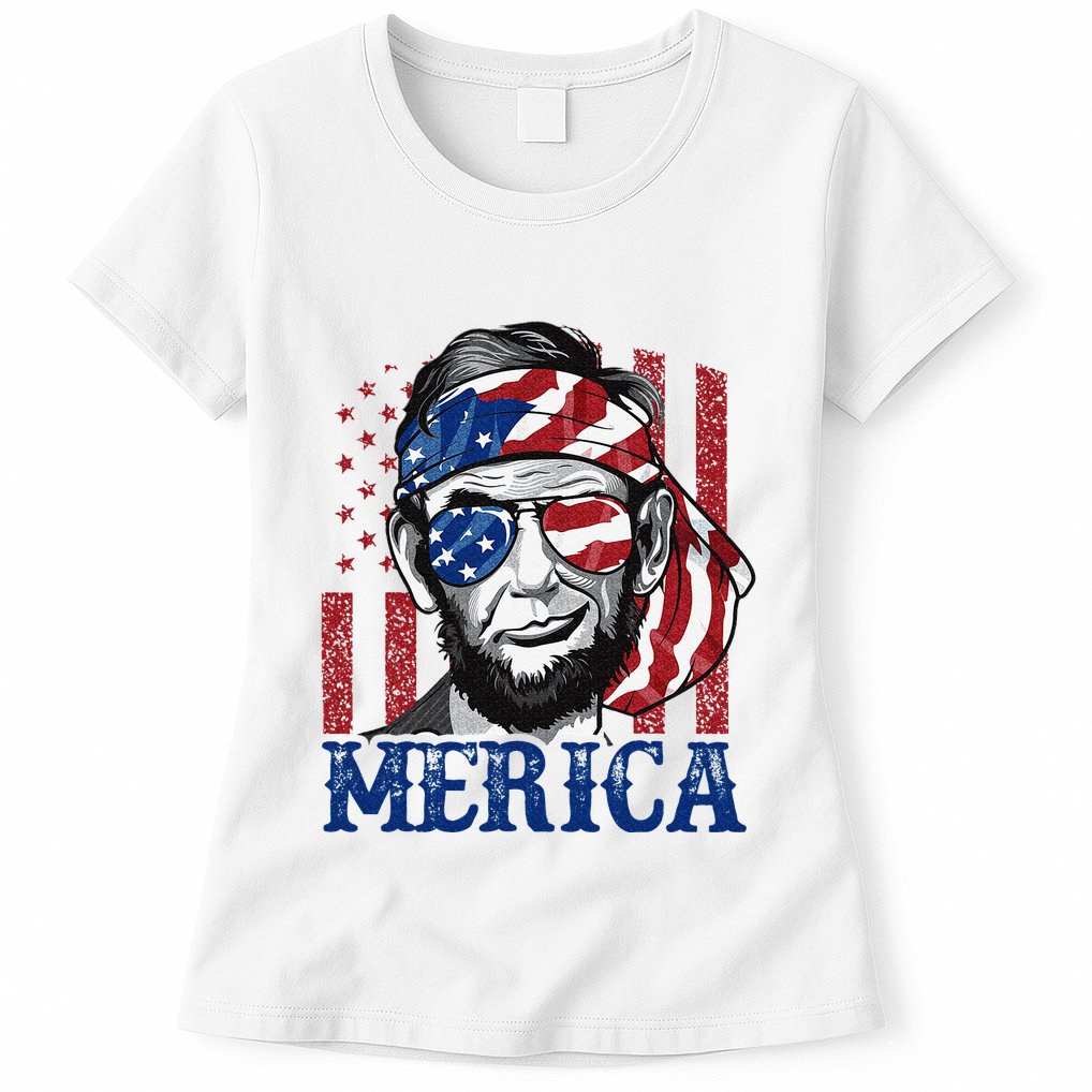 Merica Abraham Lincoln 4th Of July American Flag Womens T-Shirt