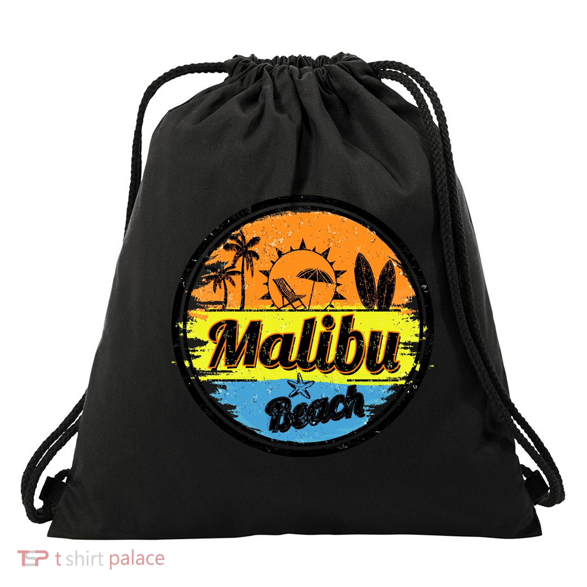 Malibu Beach Retro Circle Drawstring Bag