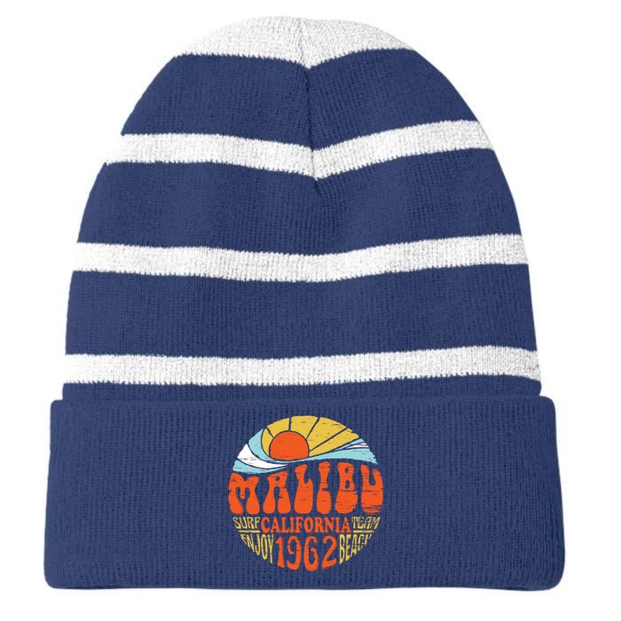 Malibu California Retro Distressed Striped Beanie with Solid Band