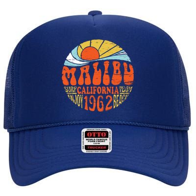 Malibu California Retro Distressed High Crown Mesh Back Trucker Hat