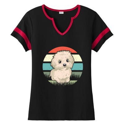 Maltese Dog Retro Ladies Halftime Notch Neck Tee