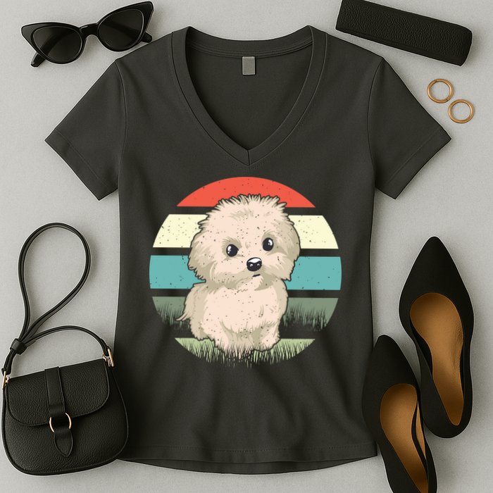 Maltese Dog Retro Women's V-Neck T-Shirt
