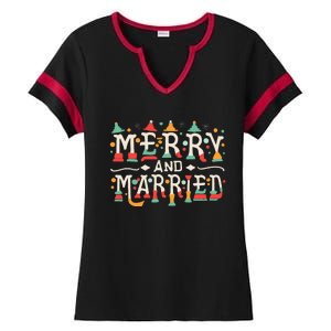 Merry and Married First Christmas Pajama Couples Matching Ladies Halftime Notch Neck Tee