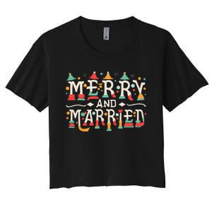 Merry and Married First Christmas Pajama Couples Matching Women's Crop Top Tee