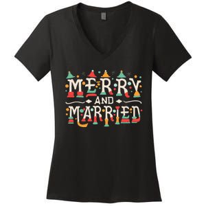 Merry and Married First Christmas Pajama Couples Matching Women's V-Neck T-Shirt