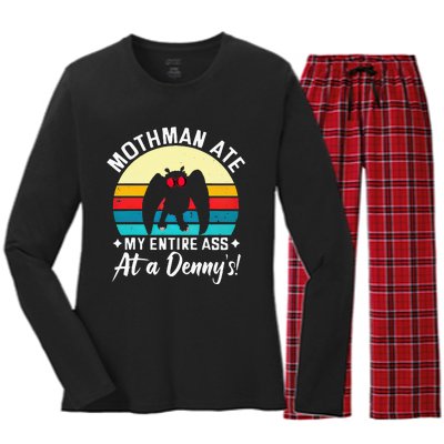 Mothman Ate My Entire Ass Vintage Mothman Cryptid Funny Women's Long Sleeve Flannel Pajama Set 