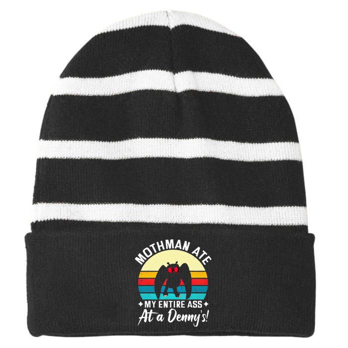 Mothman Ate My Entire Ass Vintage Mothman Cryptid Funny Striped Beanie with Solid Band