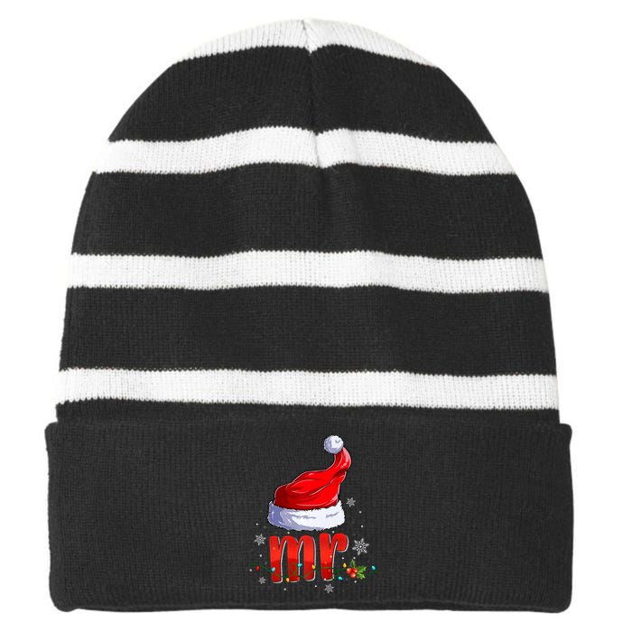 Mr And Mrs Santa Hat Matching Couples Christmas Pajamas P Striped Beanie with Solid Band