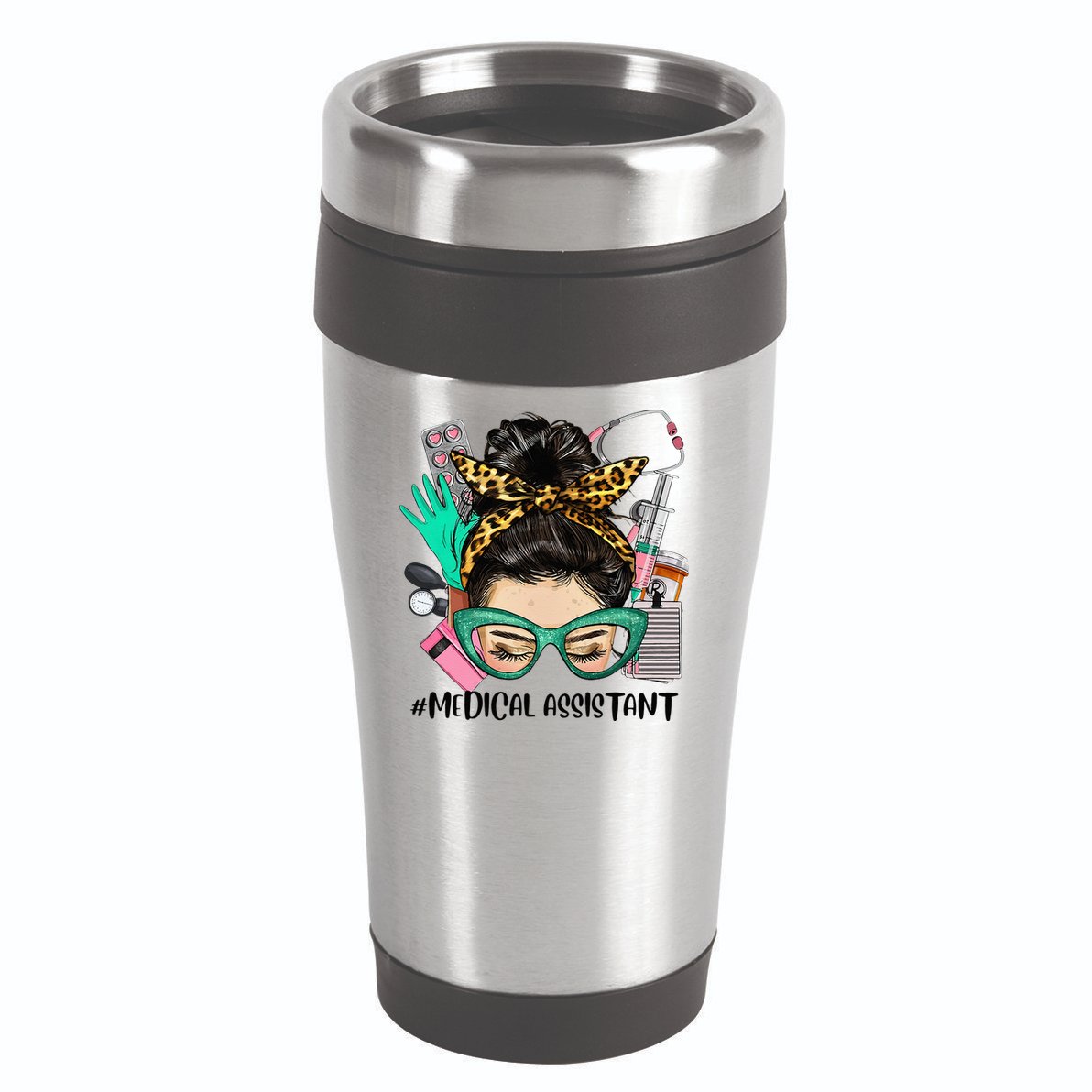 MEDICAL ASSISTANT Messy Bun Afro Hair Nurse Life Healthcare 16oz Travel Tumbler