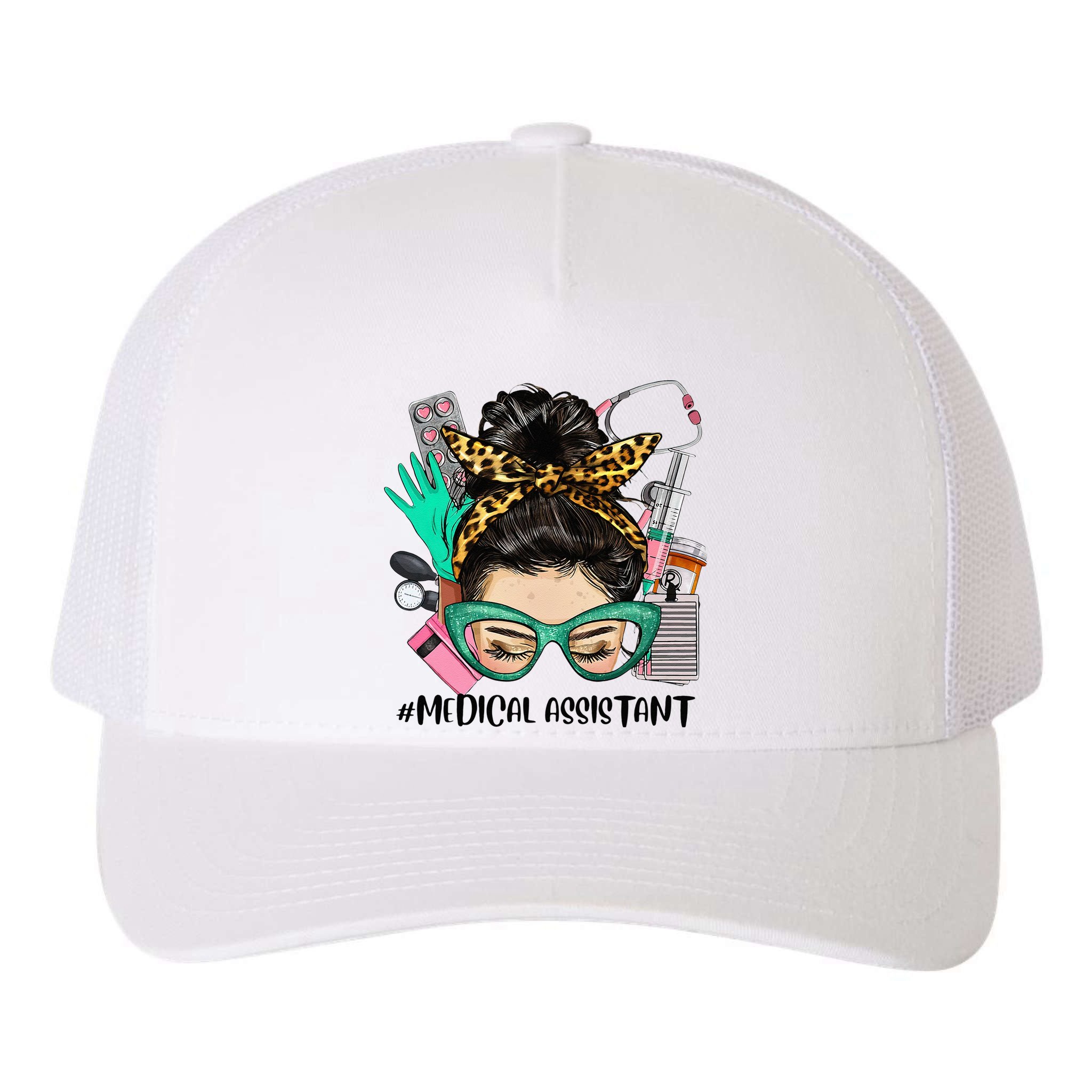 MEDICAL ASSISTANT Messy Bun Afro Hair Nurse Life Healthcare Yupoong Adult 5-Panel Trucker Hat