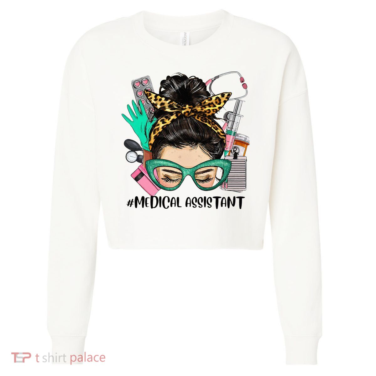 MEDICAL ASSISTANT Messy Bun Afro Hair Nurse Life Healthcare Cropped Pullover Crew
