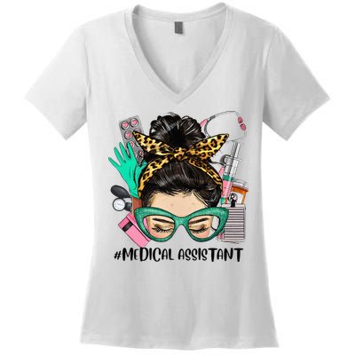 MEDICAL ASSISTANT Messy Bun Afro Hair Nurse Life Healthcare Women's V-Neck T-Shirt