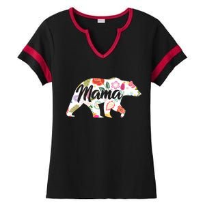 Mama Bear Cute Flower Pattern Ladies Halftime Notch Neck Tee