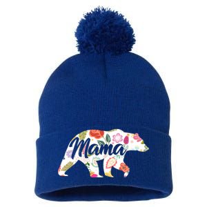 Mama Bear Cute Flower Pattern Pom Pom 12in Knit Beanie