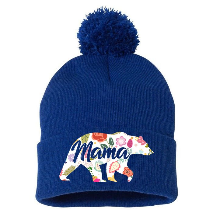 Mama Bear Cute Flower Pattern Pom Pom 12in Knit Beanie