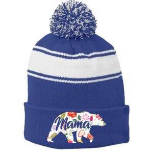 Mama Bear Cute Flower Pattern Stripe Pom Pom Beanie