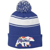 Mama Bear Cute Flower Pattern Stripe Pom Pom Beanie