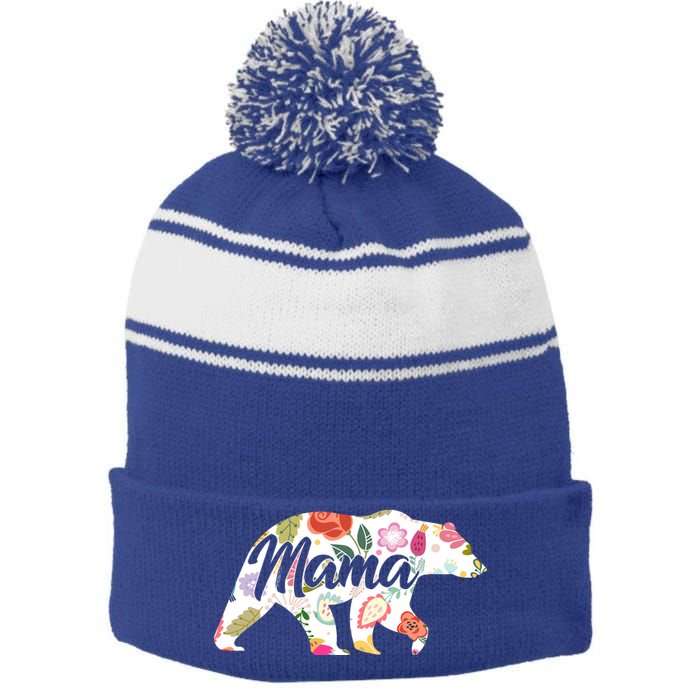 Mama Bear Cute Flower Pattern Stripe Pom Pom Beanie