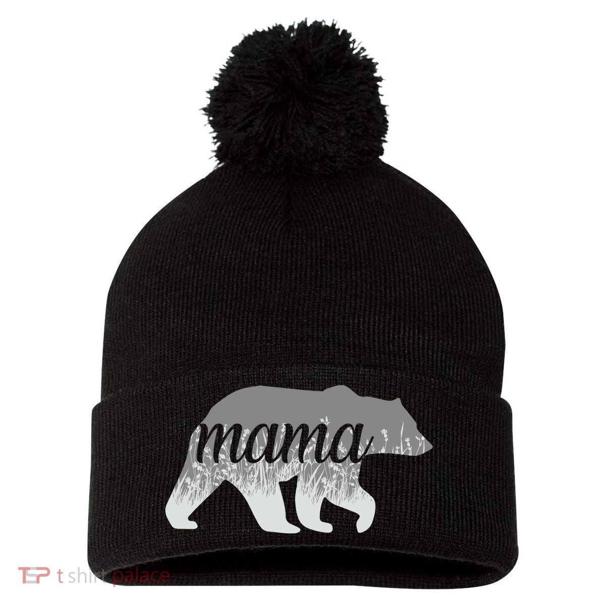 Mama Bear Floral Logo Pom Pom 12in Knit Beanie