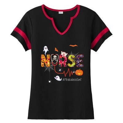 Medical Assistant Nurse Scary Halloween Ghost Spider Nursing Gift Ladies Halftime Notch Neck Tee