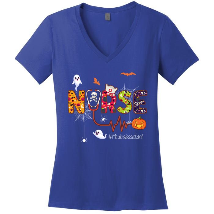 Medical Assistant Nurse Scary Halloween Ghost Spider Nursing Gift Women's V-Neck T-Shirt