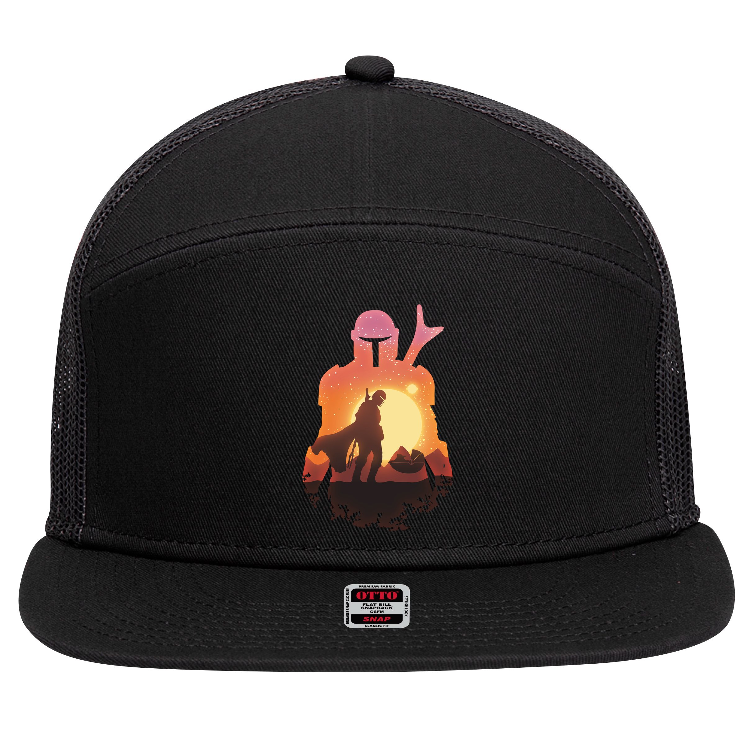 Mando Sunset Illustration Cool Graphic 7 Panel Mesh Trucker Snapback Hat