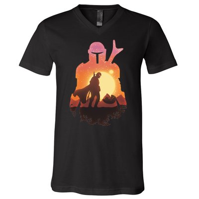 Mando Sunset Illustration Cool Graphic V-Neck T-Shirt