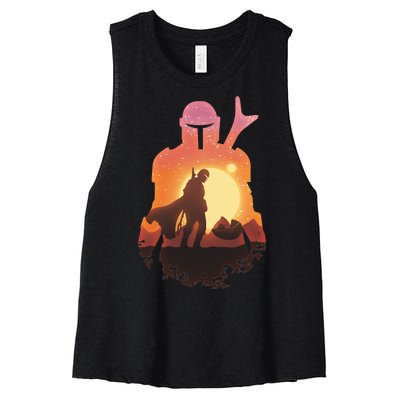 Mando Sunset Illustration Cool Graphic Women's Racerback Cropped Tank