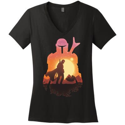 Mando Sunset Illustration Cool Graphic Women's V-Neck T-Shirt