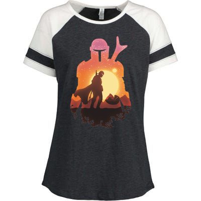 Mando Sunset Illustration Cool Graphic Enza Ladies Jersey Colorblock Tee