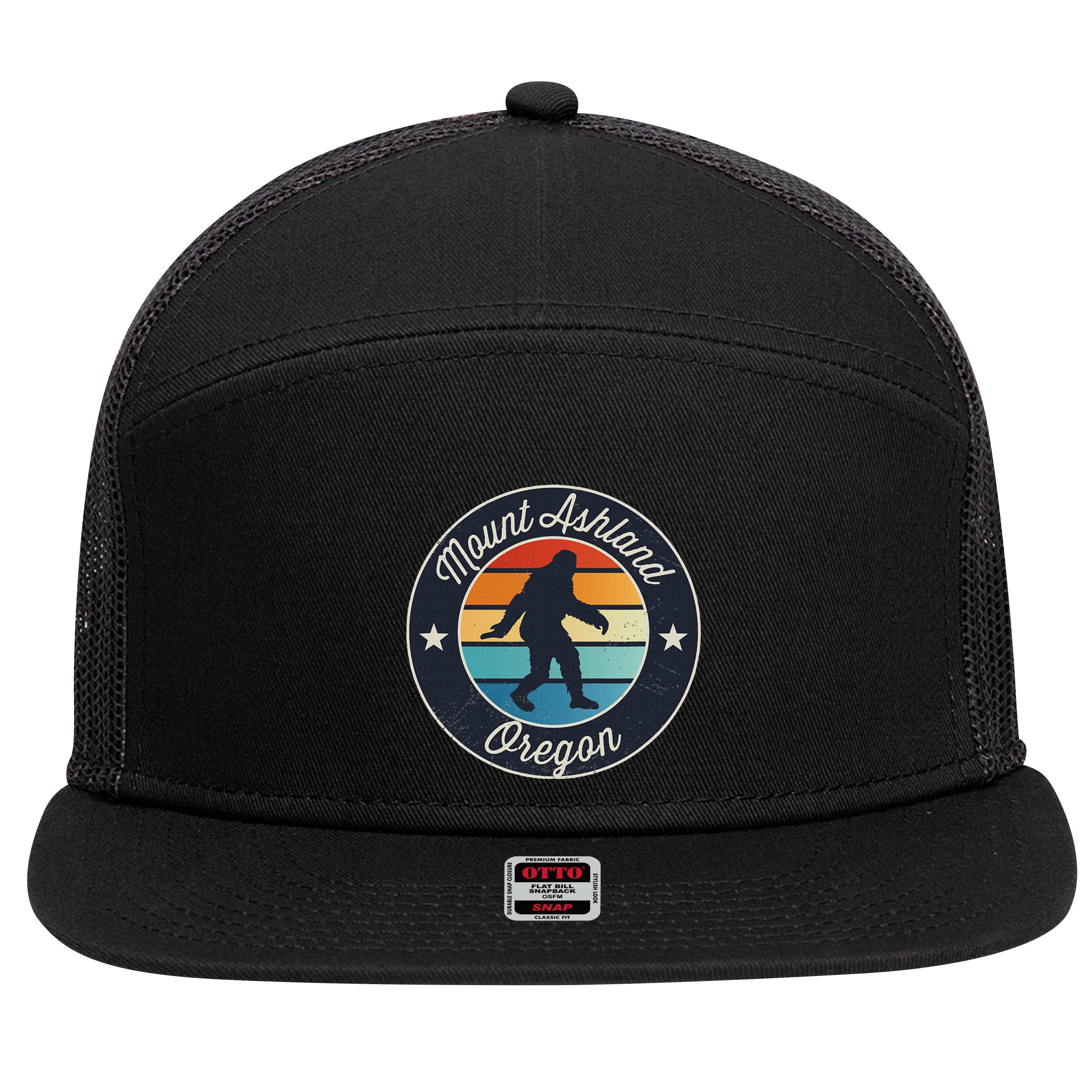 Mount Ashland Oregon Or Sasquatch Souvenir Graphic 7 Panel Mesh Trucker Snapback Hat