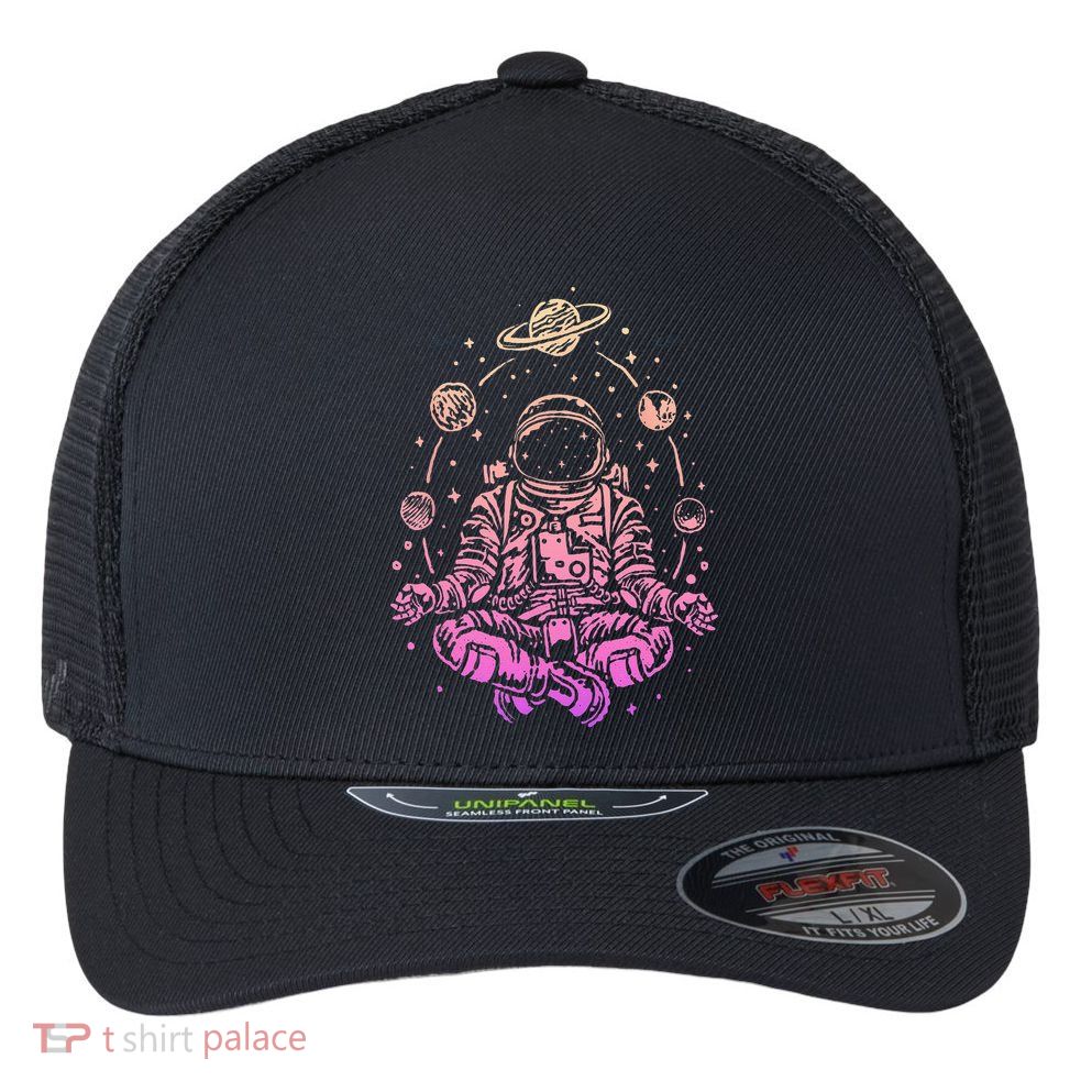 Meditating Astronaut Planets Colorful Lotus Women Meditation Flexfit Unipanel Trucker Cap