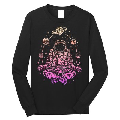 Meditating Astronaut Planets Colorful Lotus Women Meditation Long Sleeve Shirt