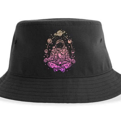 Meditating Astronaut Planets Colorful Lotus Women Meditation Sustainable Bucket Hat