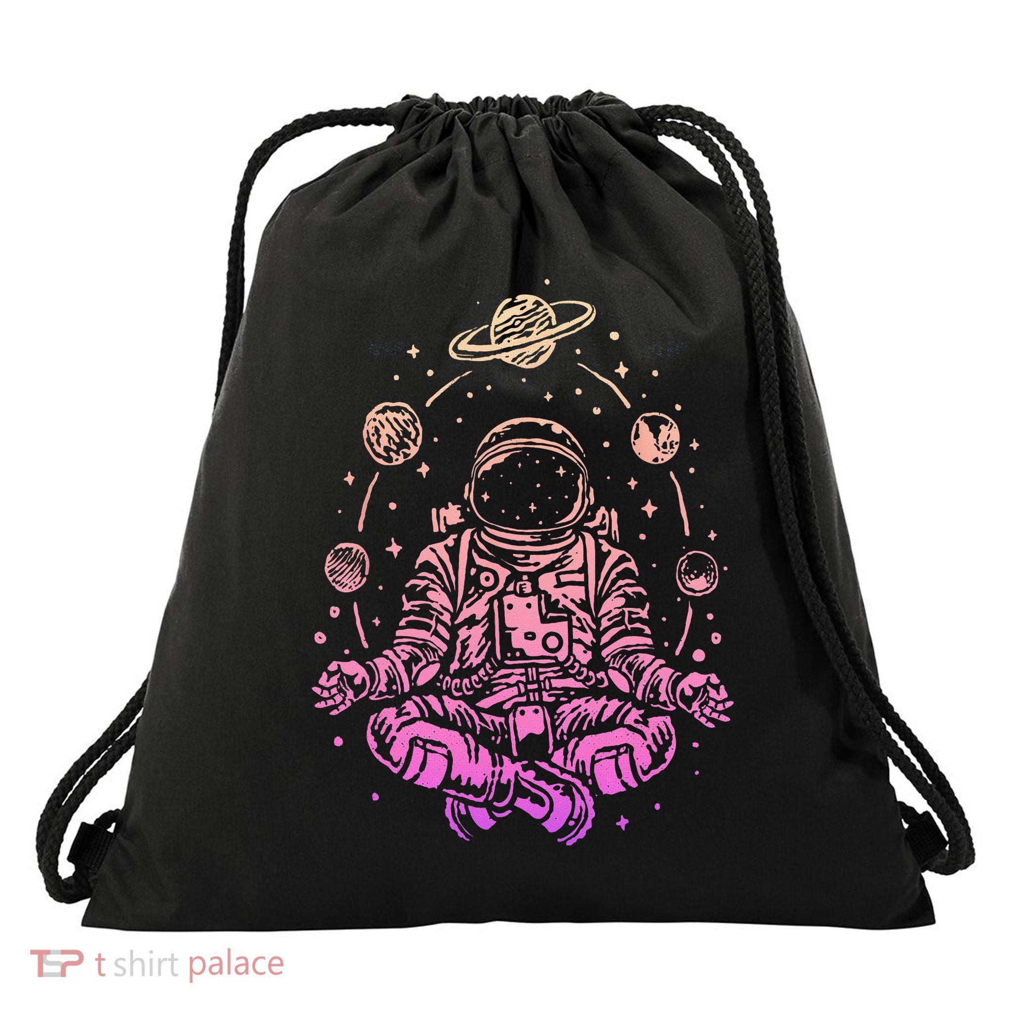 Meditating Astronaut Planets Colorful Lotus Women Meditation Drawstring Bag