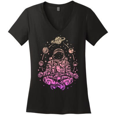 Meditating Astronaut Planets Colorful Lotus Women Meditation Women's V-Neck T-Shirt