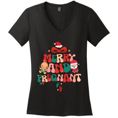 Merry And Pregnant Funny Pregnancy Reveal Christmas Women's V-Neck T-Shirt