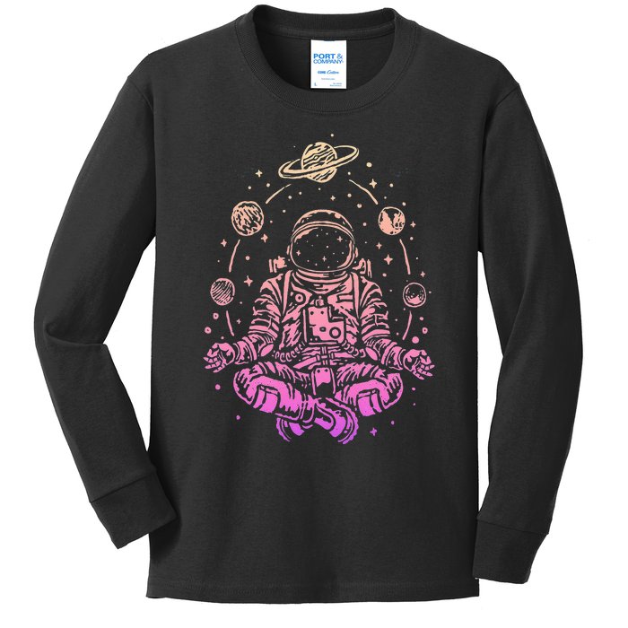 Meditating Astronaut Planets Colorful Lotus Women Meditation Kids Long Sleeve Shirt