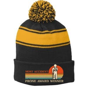 Most Accident Prone Award Winner Funny Get Well Soon Injury Stripe Pom Pom Beanie